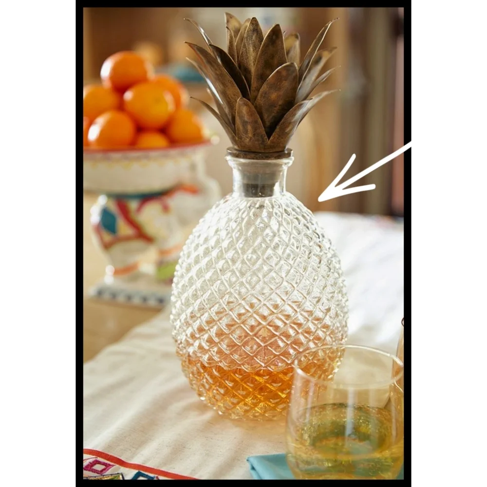RARE Pier 1 Faceted Glass Pineapple Decanter Gilt Bronze Metal Fronds Stopper